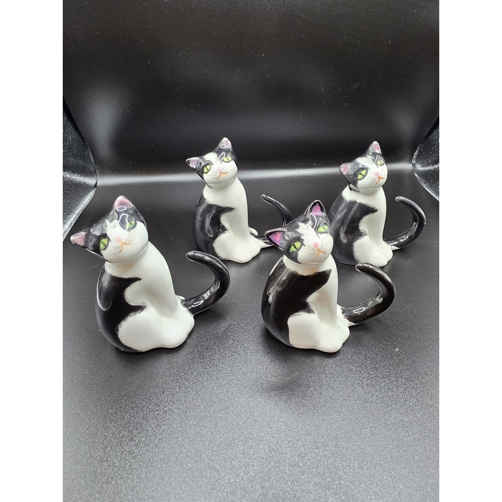 4 Tuxedo Cat Bone China Napkin Rings Vintage